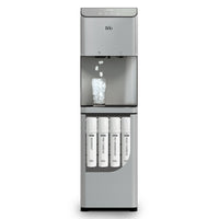 A stainless steel Brio Moderna 4-Stage Reverse Osmosis Ice Dispenser & Bottleless Water Cooler, with a water bottle and built-in ice storage. Front is cut out to show the internal filters.