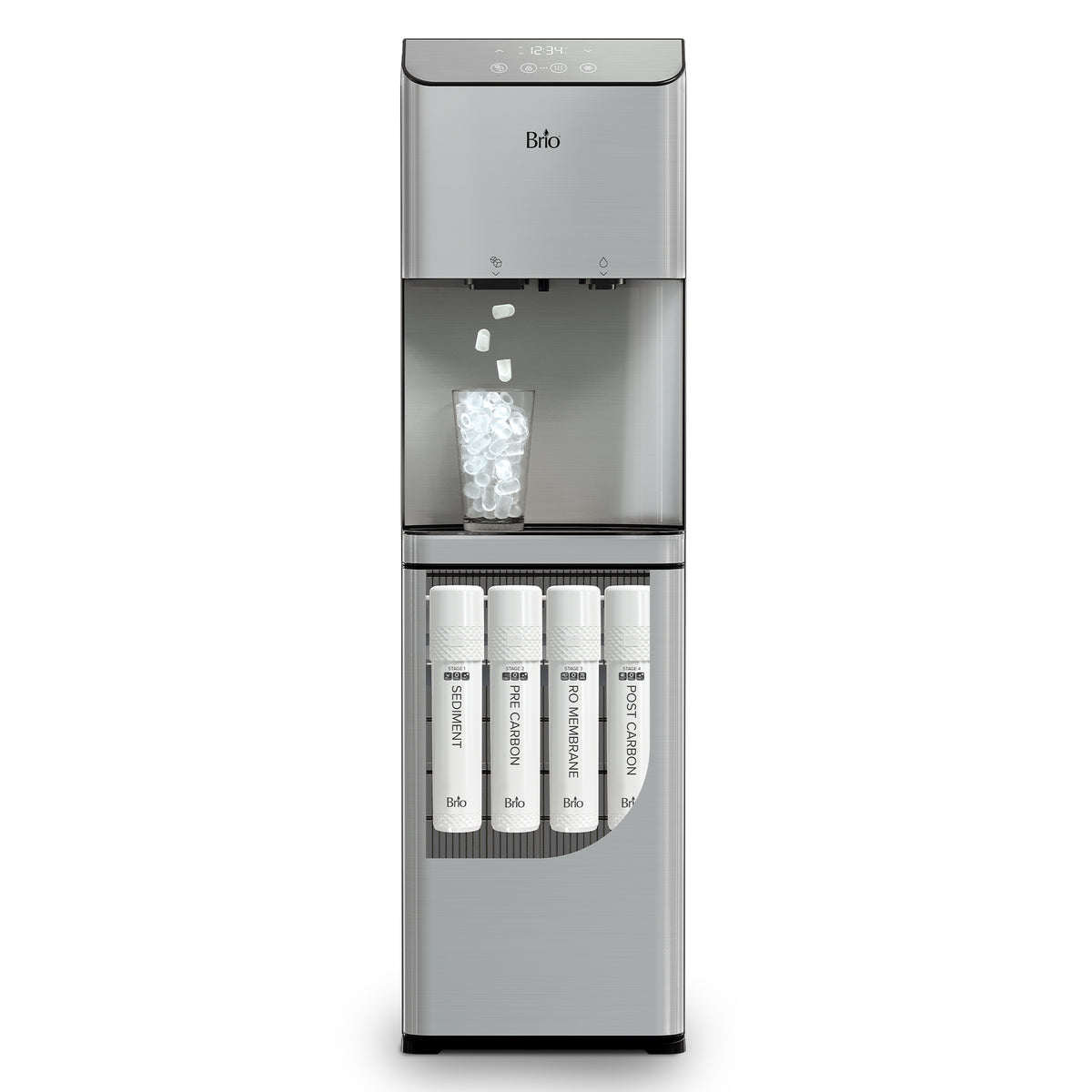 The Moderna 720 Ice Reverse Osmosis Filtered Bullet Ice & Hot/Cold Water Stainless Steel Dispenser in silver features a digital display and dispenses bullet ice cubes into a cup. The lower section showcases four labeled filter cartridges, utilizing advanced 4-stage RO filtration.