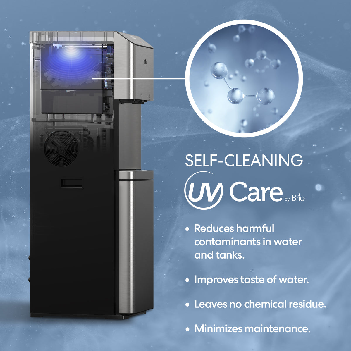 A modern Reverse Osmosis Filtered Bullet Ice & Hot/Cold Water Stainless Steel Dispenser - Moderna 720 Ice with a transparent upper section and graphics emphasizing its self-cleaning capabilities. Text highlights benefits: advanced 4-stage RO filtration reduces contaminants, enhances taste, leaves no residue, and minimizes maintenance needs. Features a blue background with water molecule imagery.
