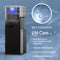 A modern Reverse Osmosis Filtered Bullet Ice & Hot/Cold Water Stainless Steel Dispenser - Moderna 720 Ice with a transparent upper section and graphics emphasizing its self-cleaning capabilities. Text highlights benefits: advanced 4-stage RO filtration reduces contaminants, enhances taste, leaves no residue, and minimizes maintenance needs. Features a blue background with water molecule imagery.