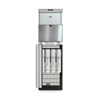 The Brio Moderna 4-Stage Reverse Osmosis Bottleless Water Cooler in silver and black shows its open front panel with four vertically aligned filters: SEDIMENT, PRE-CARBON, ULTRAFILTRATION, and POST CARBON.