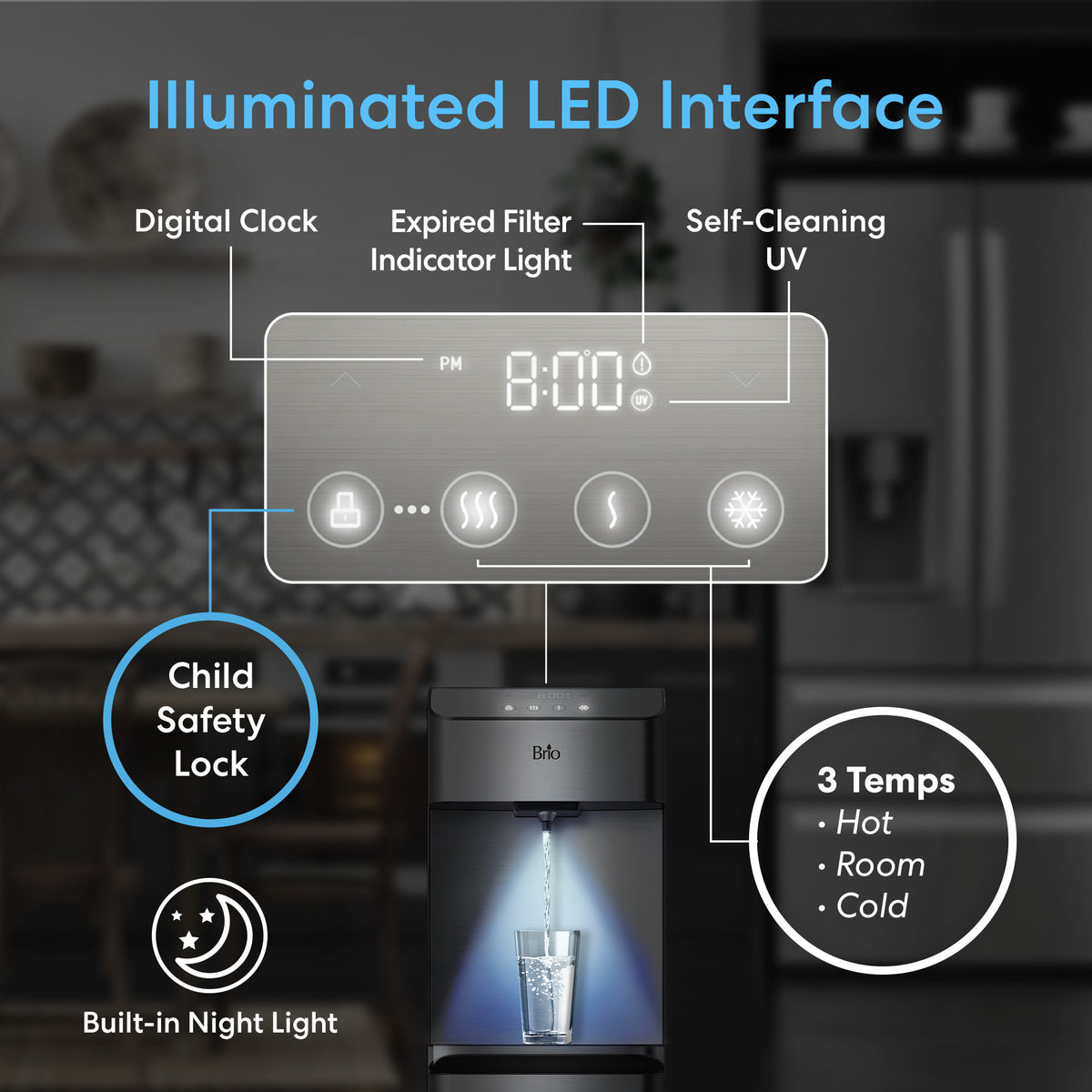 The illuminated LED interface of the 3-Stage Bottleless Water Dispenser - Moderna 730 displays a digital clock, filter status indicator, child lock, UV self-cleaning function, built-in night light, and three temperature options: hot, room, and cold. With advanced 3-stage filtration and fast dispense technology for instant pure refreshment—a glass of water is being filled.