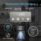 The illuminated LED interface of the 3-Stage Bottleless Water Dispenser - Moderna 730 displays a digital clock, filter status indicator, child lock, UV self-cleaning function, built-in night light, and three temperature options: hot, room, and cold. With advanced 3-stage filtration and fast dispense technology for instant pure refreshment—a glass of water is being filled.