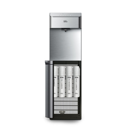 Brio stainless steel water dispenser with 4 stage filters shown with the front open on the dispenser, on a white background.