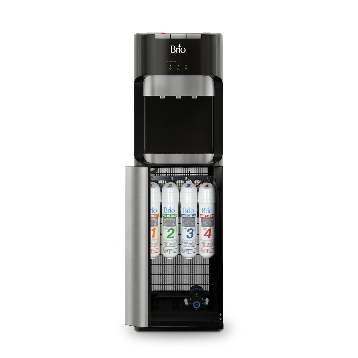 The Reverse Osmosis Bottleless Water Dispenser - Model 420 RO is a black and silver unit shown with its lower cabinet open, revealing four numbered water filter cartridges and internal tubing for advanced 4-stage reverse osmosis water filtration. The top section is designed to dispense both hot and cold water.