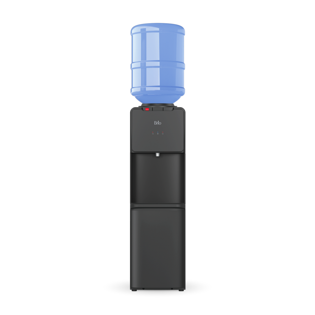 The Top Load Water Cooler - 130 Series in black features dual temperature dispensing, a small display panel, and a convenient dispensing area, shown with a large blue water jug on top against a white background.