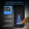 A cat drinks from the Top Load Water Dispenser with Built-In Pet Station - Model 320, a modern unit equipped with a blue-lit water bowl. Feature labels point out the dispense button, night light, water bowl dispenser, and removable stainless steel bowl—making it the perfect water cooler for your furry friend.