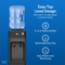 The Top Load Water Dispenser with Built-In Pet Station - Model 320 is a sleek black unit ideal for use as a water cooler or pet station. It features a prominent bottle on top, blue and red taps, and three icons that highlight its top load design, removable drip tray, and easy water level monitoring—all displayed against a blue background.