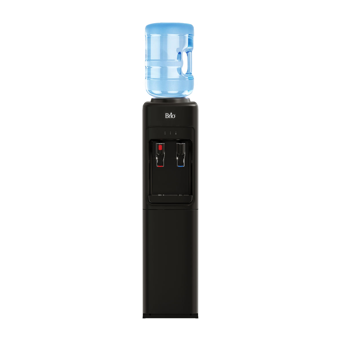 A Black Top Load Water Cooler - 320 Slim Series with a large blue water jug on top, featuring two front spouts for hot and cold water.
