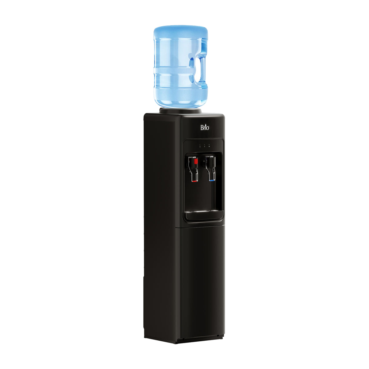 A 320 Slim Series Black Top Load Water Cooler with a blue water jug on top, featuring two spouts—one with a red lever for hot water and one with a blue lever for cold water.
