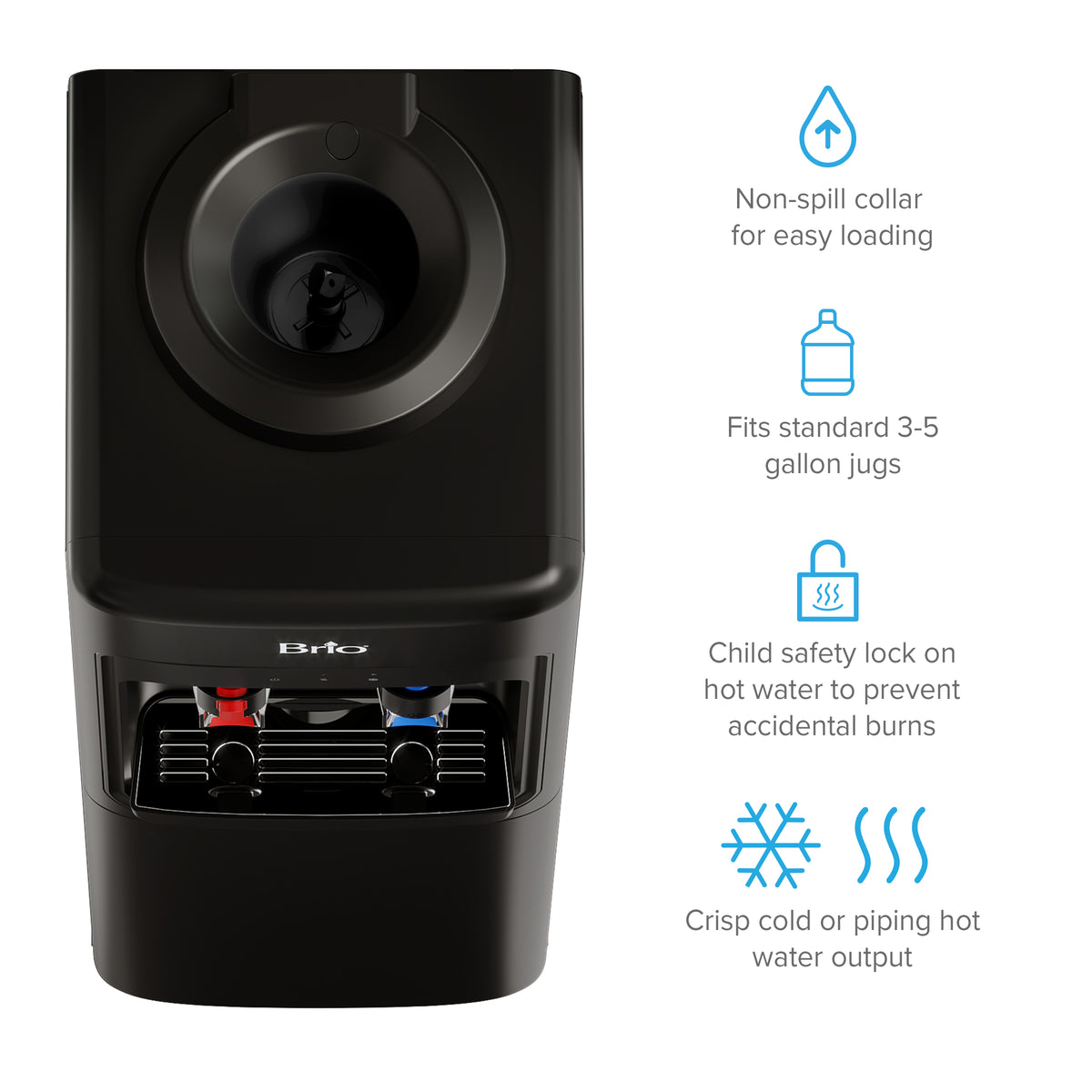 The Black Top Load Water Cooler - 320 Slim Series features blue and red dispenser taps, a non-spill collar, compatibility with 3-5 gallon jugs, and a child safety lock on the hot water tap. It dispenses crisp cold or piping hot water, offering convenience, safety, and reliable hydration in a sleek top load design.