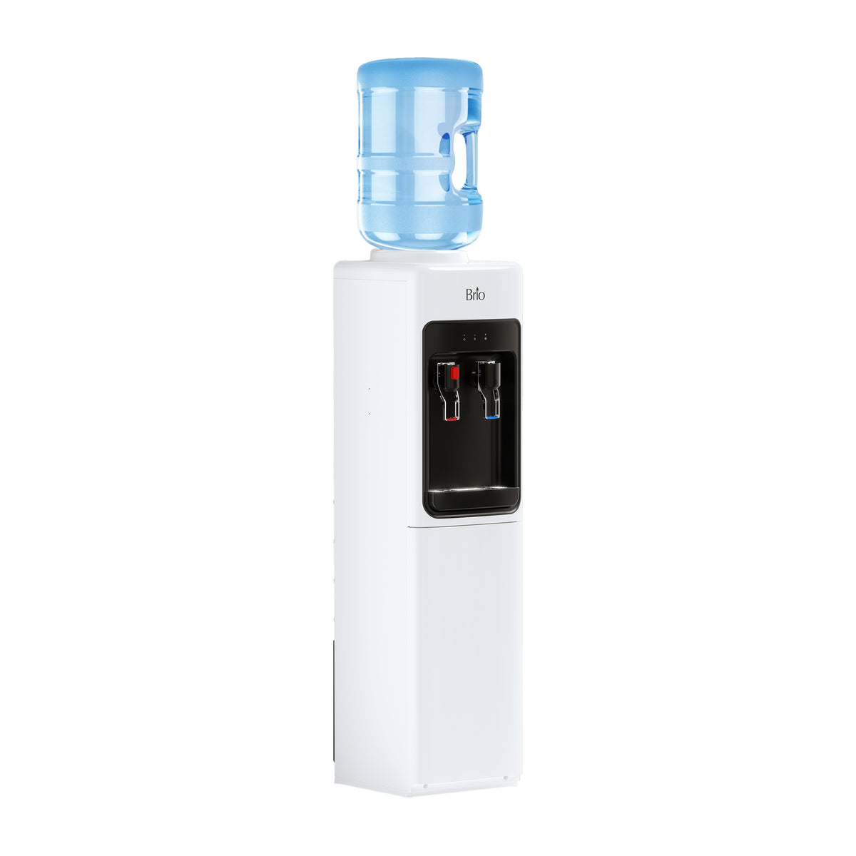 Introducing the White Top Load Water Cooler - 320 Sim Series, a white hot and cold water dispenser with a large blue top-loading water jug and dual spouts for easy access to both hot and cold water.
