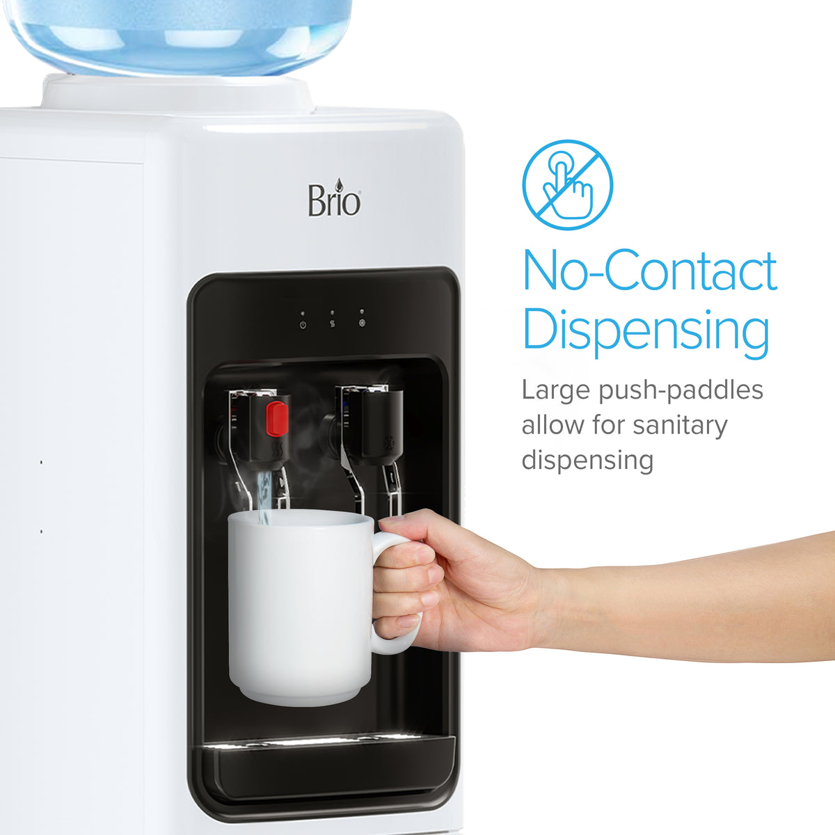 A hand holds a white mug under the spout of the White Top Load Water Cooler - 320 Sim Series, demonstrating no-contact dispensing with large push paddles. Blue text highlights the sanitary design of this top load water dispenser.