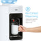 A hand holds a white mug under the spout of the White Top Load Water Cooler - 320 Sim Series, demonstrating no-contact dispensing with large push paddles. Blue text highlights the sanitary design of this top load water dispenser.