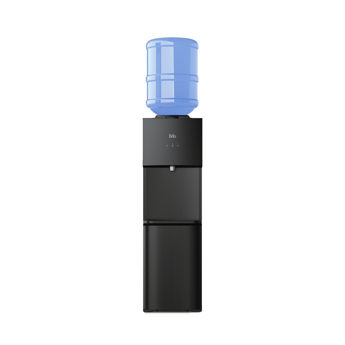 The Hot & Cold Top Load Water Cooler - 530 Series stands upright against a white background, featuring a sleek black design with a blue water jug on top. This dispenser provides both hot and cold water and is equipped with a child safety lock for added peace of mind.