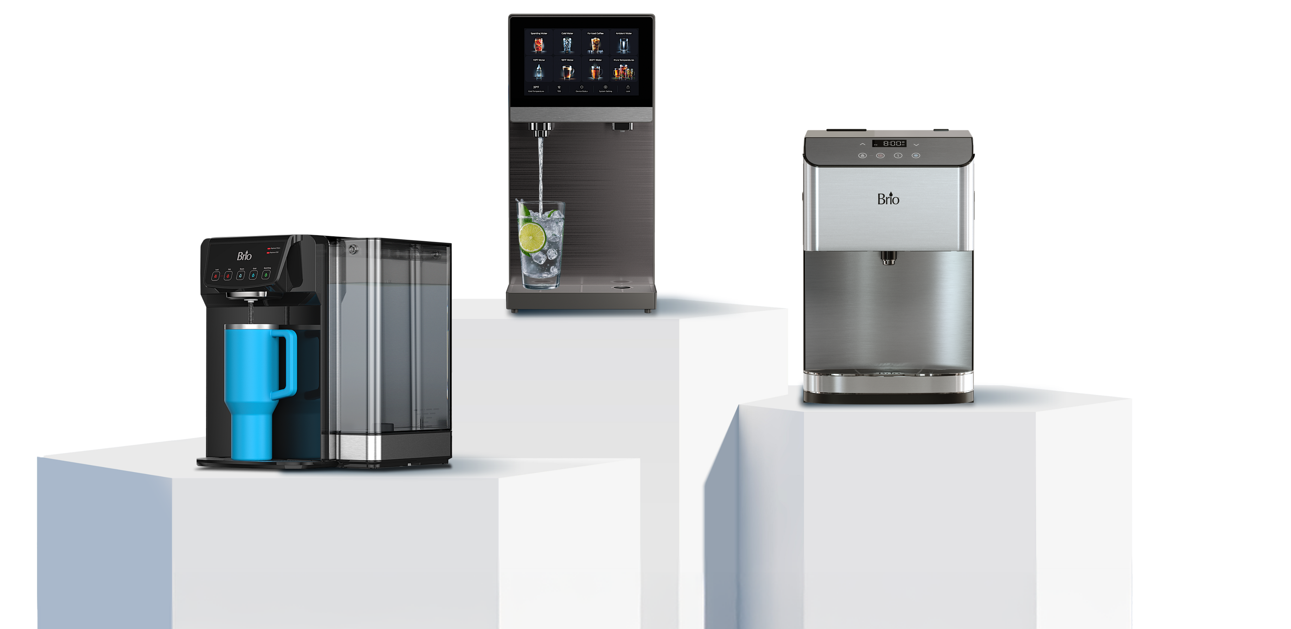 Three Brio water dispensers displayed on white podiums. Left: compact black dispenser with a blue mug. Center: sleek black dispenser with touchscreen and a glass of water with lime. Right: stainless steel countertop dispenser with digital display.