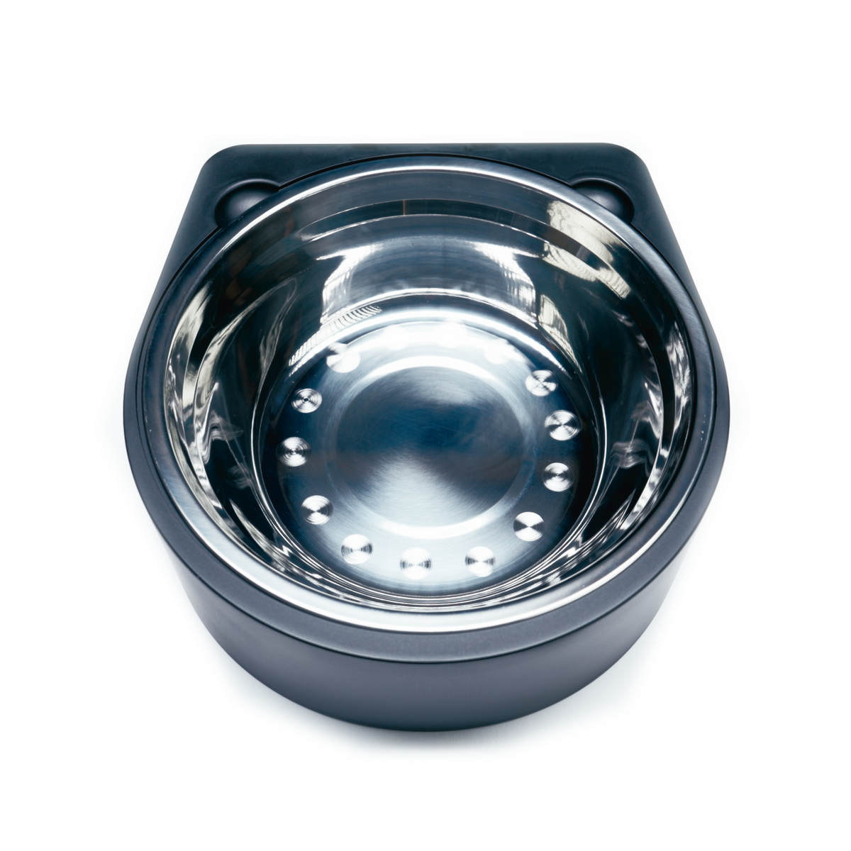 A shiny, empty Stainless Steel Bowl & Black Bowl Base Set for the 320 Series Top Load Pet Cooler is shown from above on a white background.
