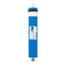 The Reverse Osmosis Membrane 50 GPD is a blue cylindrical water filter with white and black ends, labeled 50 GPD. NSF-certified, it includes a product label and barcode on the side for easy identification.