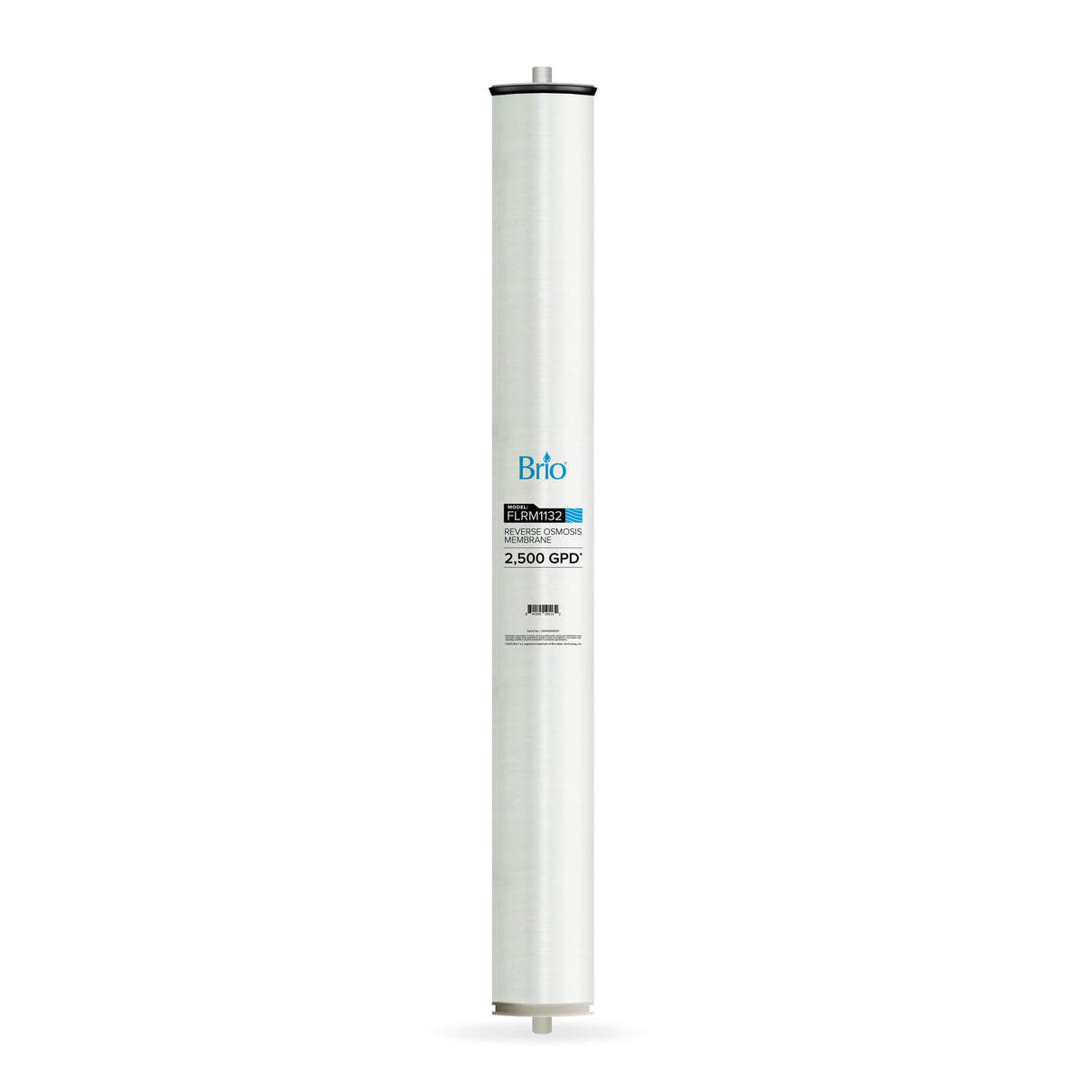 The Commercial Reverse Osmosis Membrane 2500 GPD is a tall, cylindrical unit with a white body and black end caps, designed for efficient dissolved solids removal in water purification. It is displayed against a plain white background.
