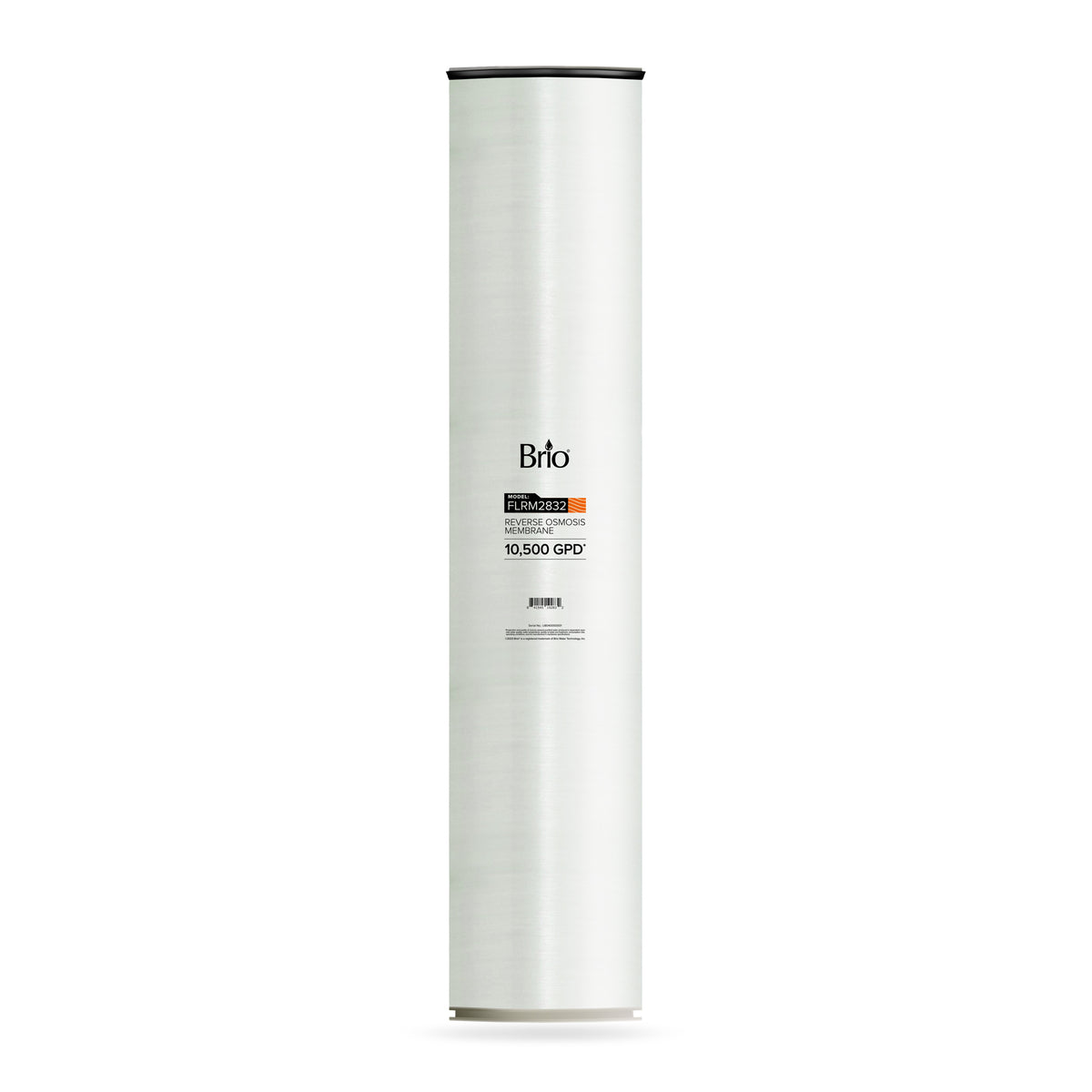 The Industrial Reverse Osmosis Membrane 10,500 GPD is a tall cylindrical water filter cartridge with a white body, black top and bottom, and a central label featuring the Brio brand. Designed for water purification, it stands upright against a white background.