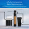 A display of Brio water treatment systems, including water softeners and UV disinfection, features black pipes on a blue and white background. Displays highlight compatibility with Cation Exchange Resin - 8% Cross-Linked DVB.