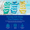 Three striped baby onesies in blue, green, and yellow hang on a clothesline outdoors. Below, text highlights the benefits of Cation Exchange Resin - 10% Cross-Linked DVB for laundry, dishes, skin, and hair—plus matching icons.