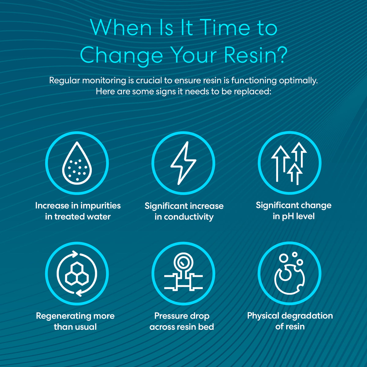 A blue graphic titled “When Is It Time to Change Your Mixed Bed DI Deionizing Resin - Type P?” lists six signs: increased impurities, higher conductivity, pH shift, more frequent regenerations, pressure drop, and resin degradation.