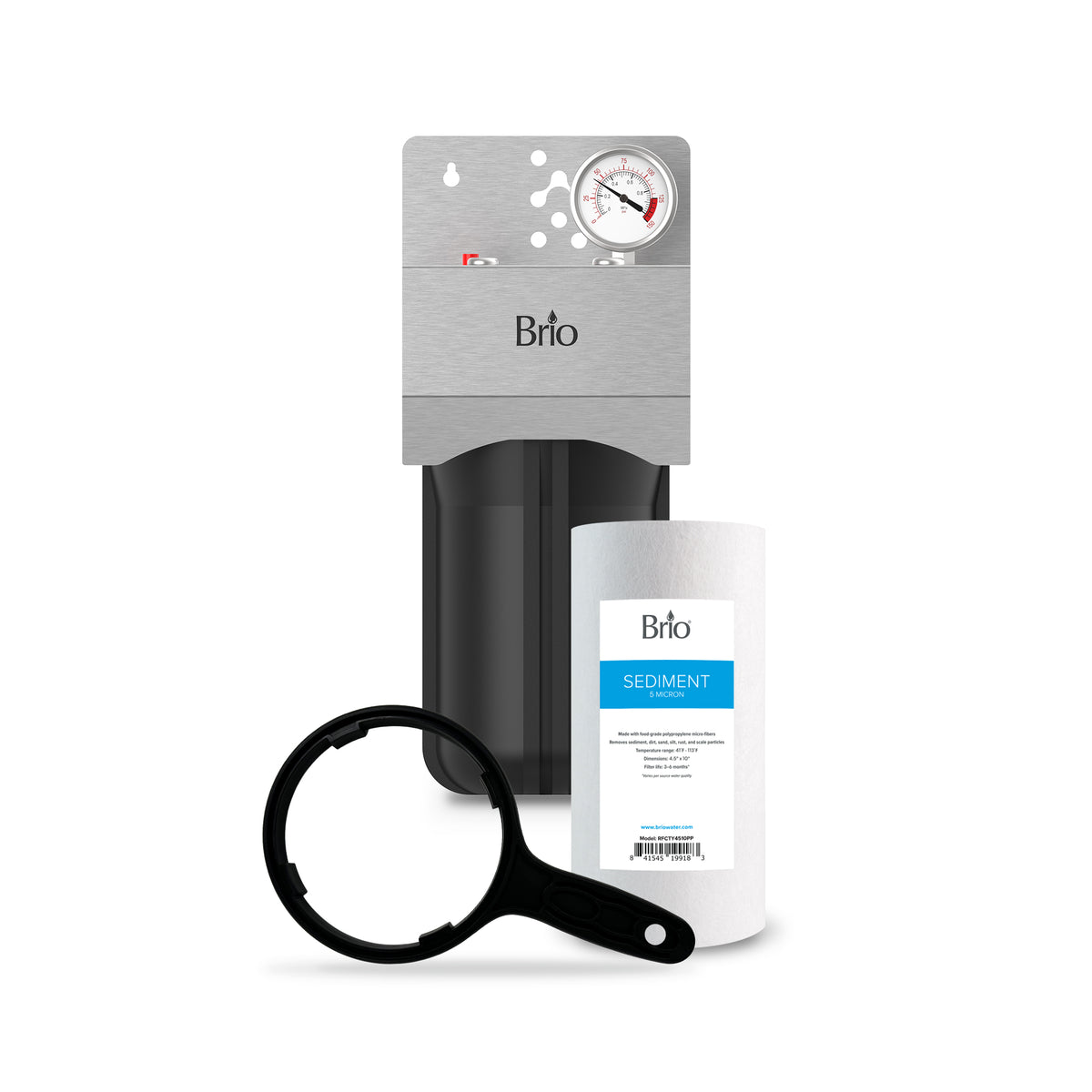 The Single Stage Whole House Filtration System - 10" Sediment features a pressure gauge, black filter housing, white sediment filter cartridge, and a filter wrench to deliver cleaner, filtered water throughout your home.