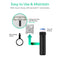 Diagram showing a black Single Stage Whole House Filtration System - 20" Heavy Metals with twist-off cap, wall mount, 1-inch connections, housing wrench, and flow direction. Text: Easy to Use & Maintain for your whole house filtration system.
