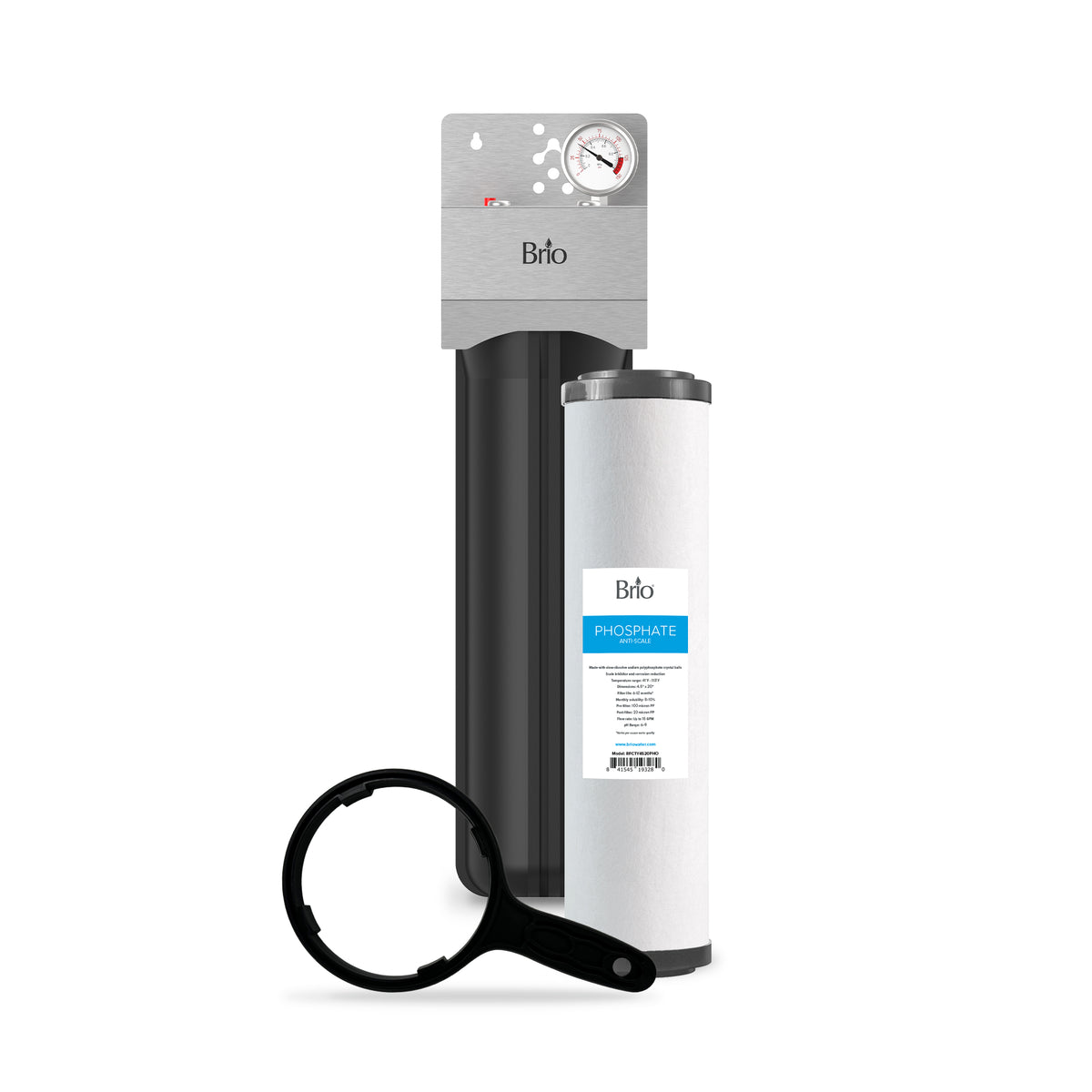 A Single Stage Whole House Filtration System - 20" Anti-Scale with a pressure gauge, cylindrical phosphate anti-scale cartridge labeled "Phosphate," and a black filter wrench displayed in front.