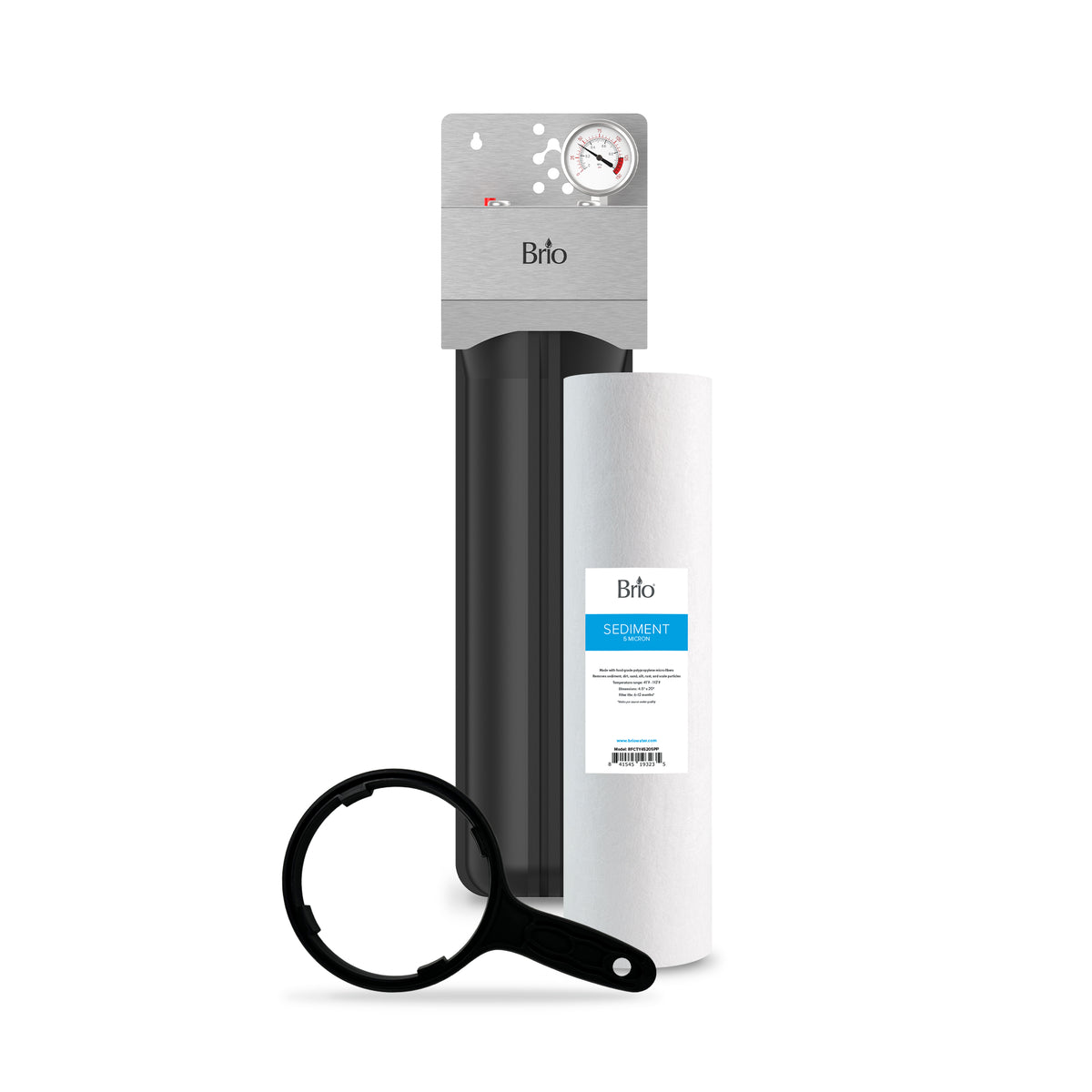 The Single Stage Whole House Filtration System - 20" Sediment features a black canister, SEDIMENT 5-micron cartridge, black wrench, and silver top with pressure gauge for reliable whole house water purification.