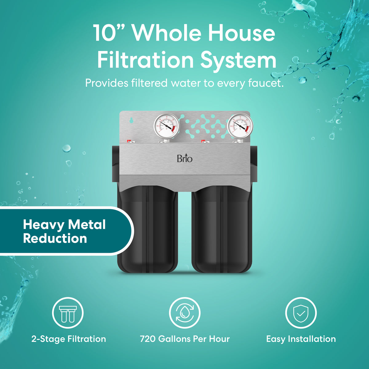 Image of the 2-Stage Whole House Filtration System - 10" Heavy Metals showing two black canisters, pressure gauges, and text for lead and mercury removal, 2-stage filtration, 720 GPH flow rate, and easy installation.