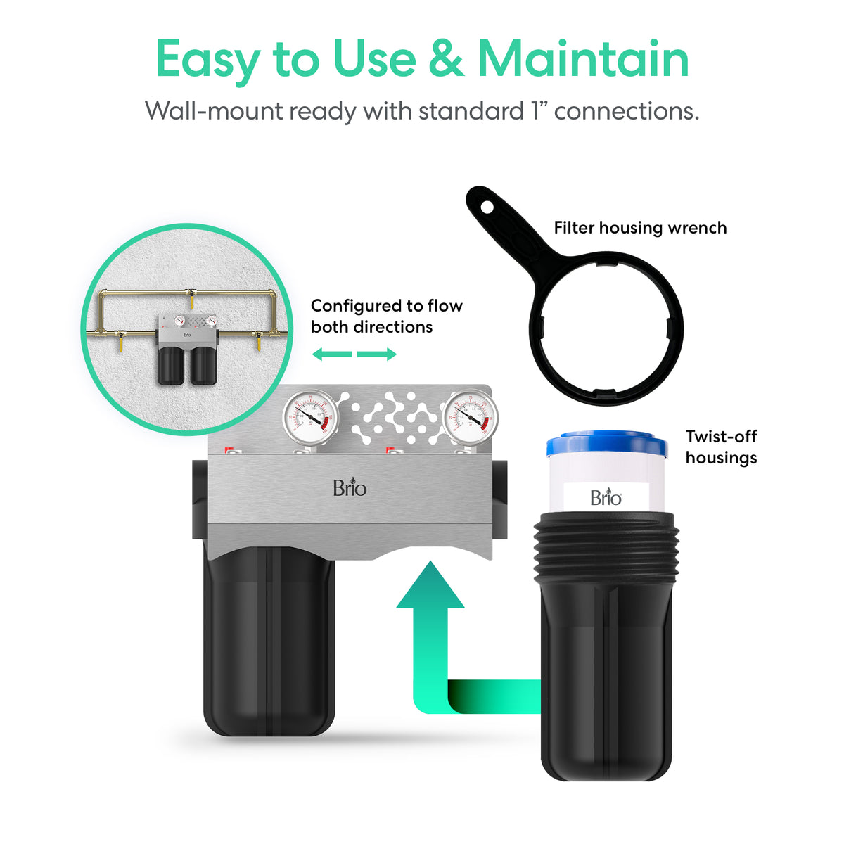 Diagram illustrating the 2-Stage Whole House Filtration System - 10" Heavy Metals, with labeled twist-off housings, filter wrench, and bidirectional flow. Inset highlights wall-mounted heavy metals filter for lead and mercury removal. Easy to use and maintain.