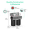 Diagram of the 2-Stage Whole House Filtration System - 10" Heavy Metals, featuring accurate gauges, easy pressure release, a stainless steel frame for lead and mercury removal; measures 16.24" H x 8.77" D x 14.49" W.