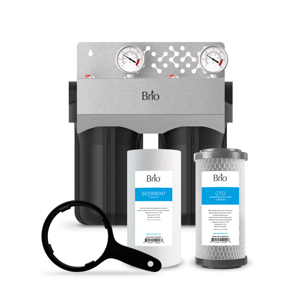 A 2-Stage Whole House Filtration System - 10" Multi-Purpose with dual black filter housings, two pressure gauges, a white sediment filter, a gray CTO filter, and a black filter wrench displayed in front.