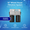 A promotional image of the 2-Stage Whole House Filtration System - 10" Multi-Purpose shows two black canisters with pressure gauges. Icons highlight its sediment and CTO filter process, 720 GPH flow rate, and easy installation.