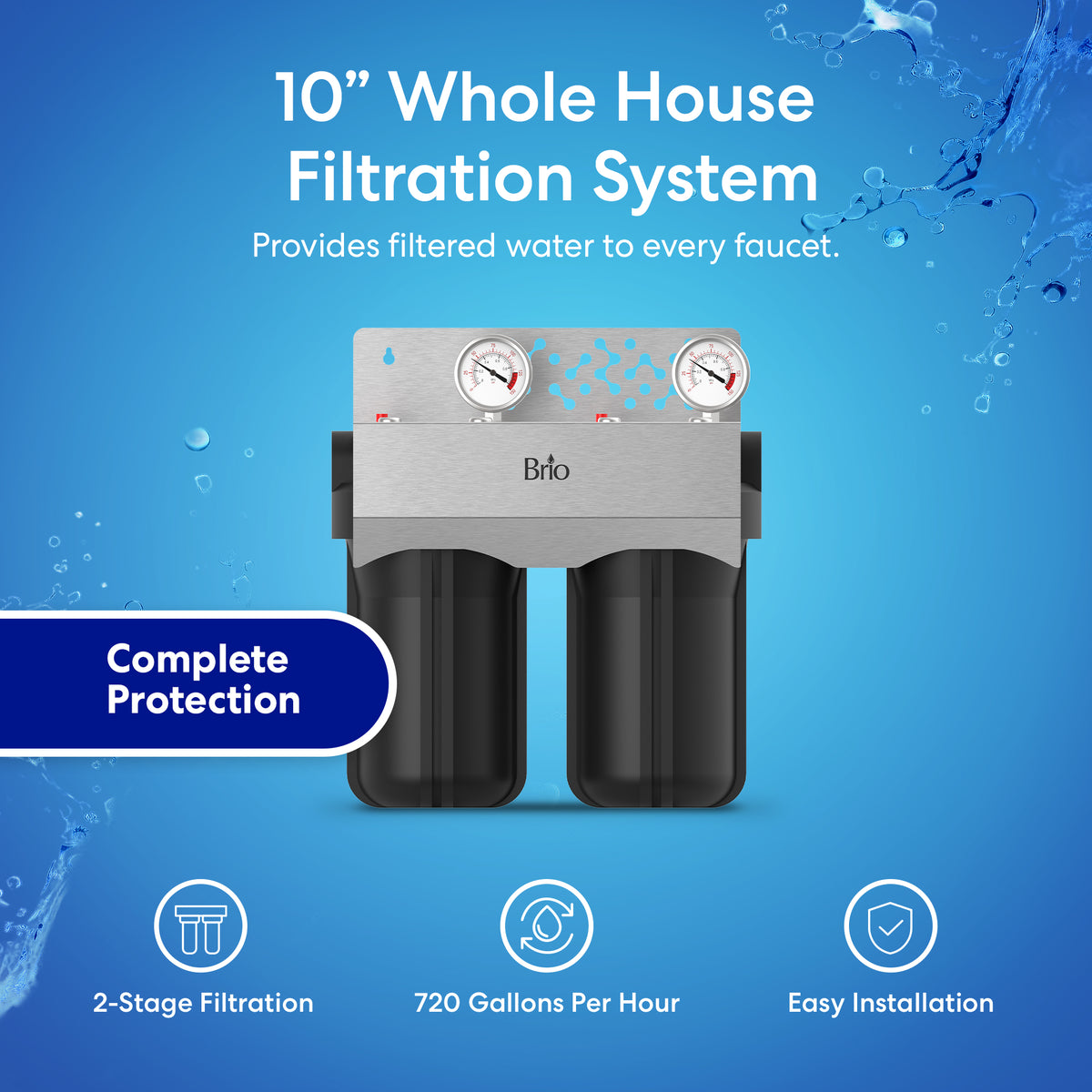 A promotional image of the 2-Stage Whole House Filtration System - 10" Multi-Purpose shows two black canisters with pressure gauges. Icons highlight its sediment and CTO filter process, 720 GPH flow rate, and easy installation.