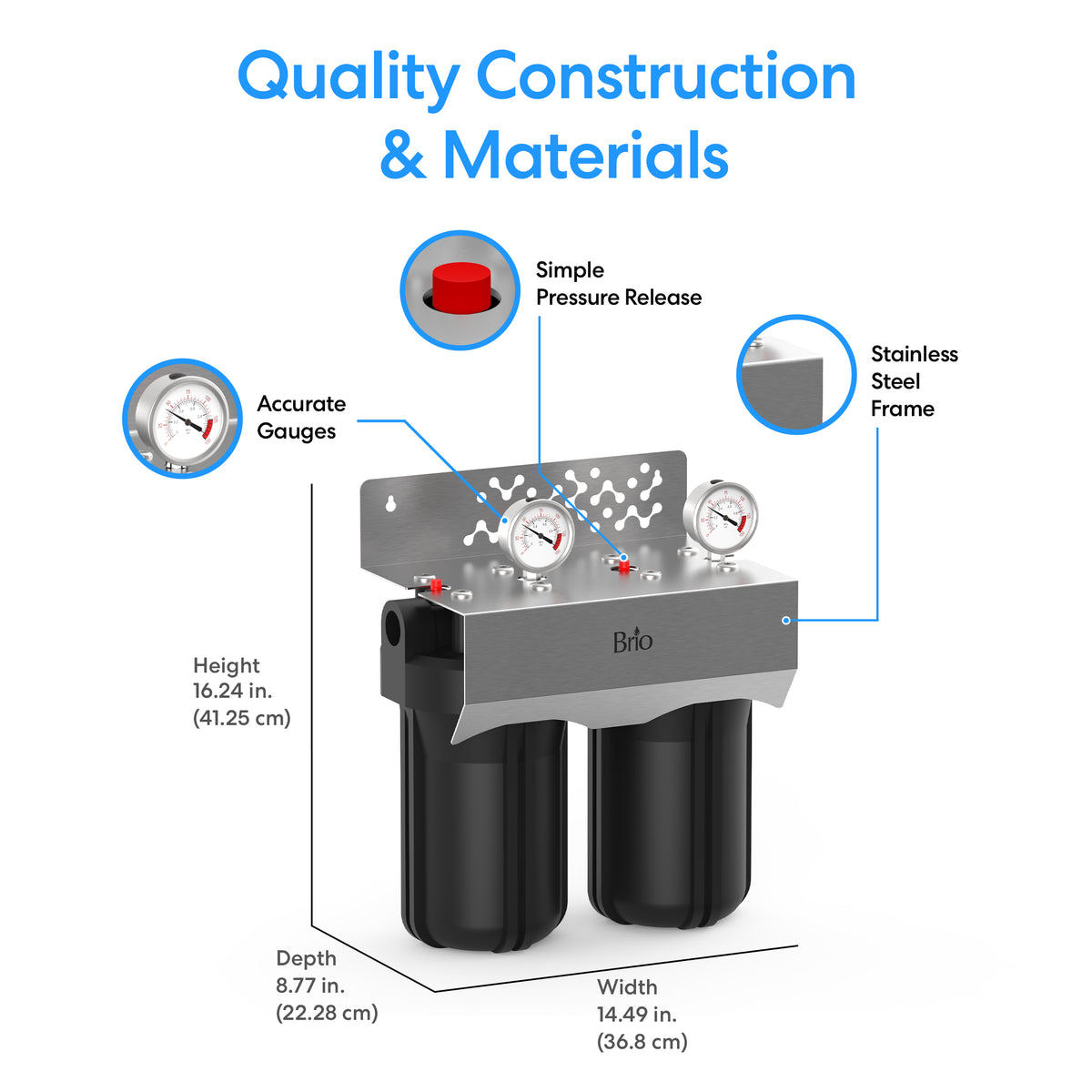 Diagram of the 2-Stage Whole House Filtration System - 10" Multi-Purpose, showing labeled features: accurate gauges, easy pressure release, stainless steel frame, sediment and CTO filters; dimensions: 16.24"H x 14.49"W x 8.77"D.