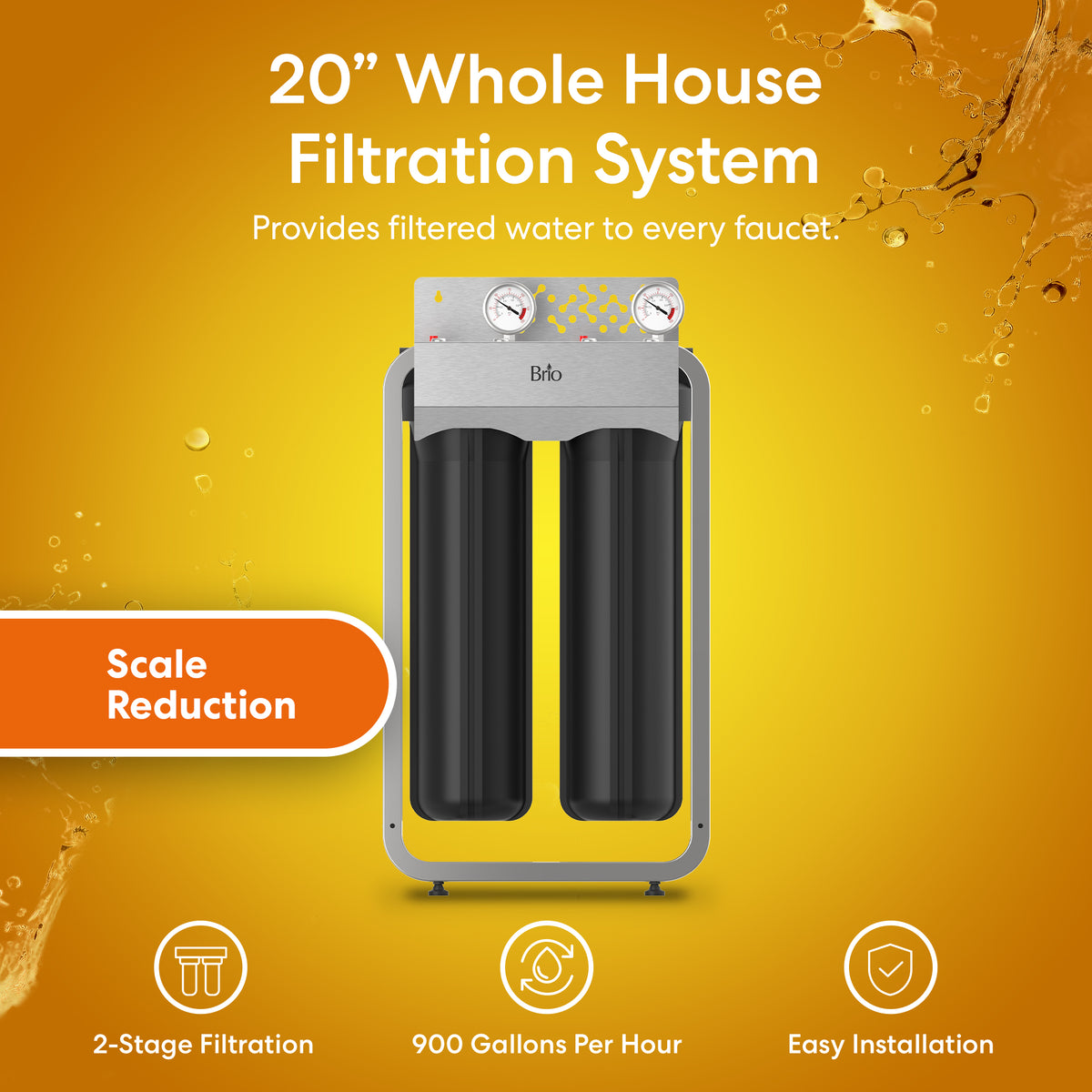 The 2-Stage Whole House Filtration System - 20" Anti-Scale features dual black housings with a silver top, shown on an orange background. Icons indicate hard water treatment, 2-stage filtration, 900 GPH flow rate, and easy installation.
