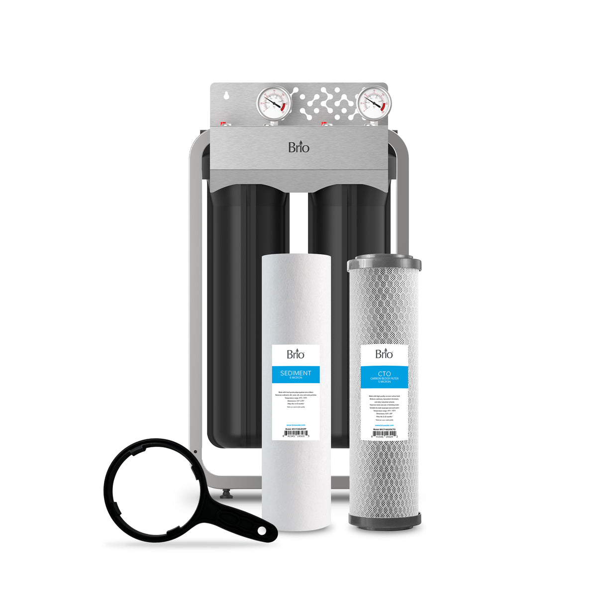 The 2-Stage Whole House Filtration System - 20" Multi-Purpose includes two black filter housings on a metal frame, shown with a white sediment filter, gray coconut carbon block filter, and a black filter wrench.