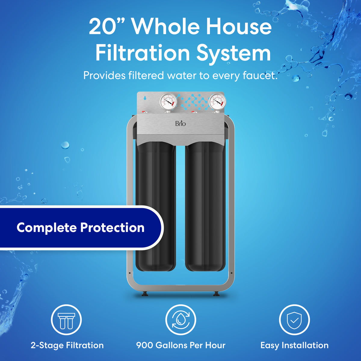 Image of the 2-Stage Whole House Filtration System - 20" Multi-Purpose, showing two black filter cartridges (sediment and coconut carbon block). Text highlights full protection, dual-stage filtration, 900 GPH capacity, and simple installation on a blue background.