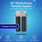 Image of the 2-Stage Whole House Filtration System - 20" Multi-Purpose, showing two black filter cartridges (sediment and coconut carbon block). Text highlights full protection, dual-stage filtration, 900 GPH capacity, and simple installation on a blue background.
