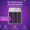 Here’s the revised sentence using your product data: A graphic of the 3-Stage Whole House Filtration System - 20″ Iron & Manganese displays three black filter cartridges beneath a sleek silver top, emphasizing powerful iron and manganese removal. This system offers robust, whole-home filtration at up to 900 gallons per hour and simple installation—all set against a vibrant purple background.