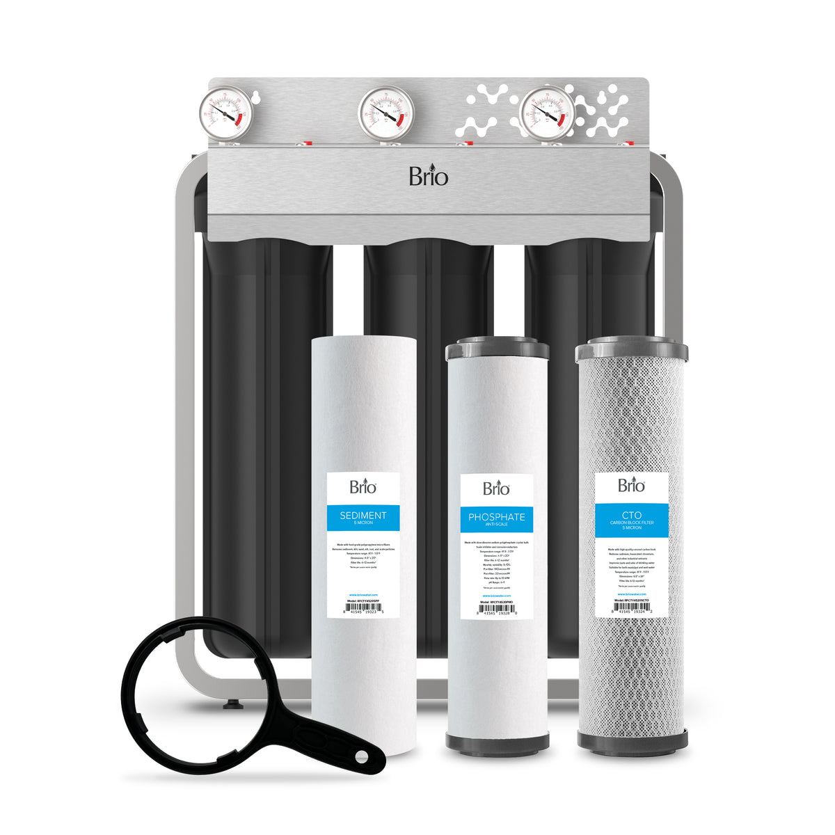 The 3-Stage Whole House Filtration System - 20" Anti-Scale is shown with gauges, three replacement cartridges (Sediment, Phosphate anti-scale, CTO), and a black filter wrench in front.