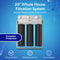 Introducing the 3-Stage Whole House Filtration System - 20″ Multi-Purpose Filter, featuring three black filter canisters for comprehensive protection using advanced 3-stage water filtration technology. With a high flow rate of 900 gallons per hour and easy installation, this system is showcased on a blue background with dynamic water splash effects.