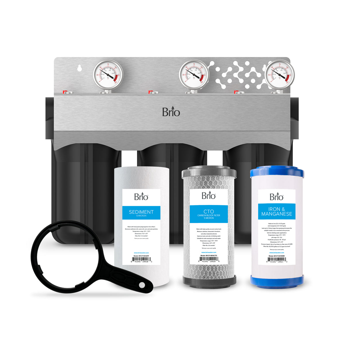 A 3-Stage Whole House Filtration System - 10" Iron & Manganese with pressure gauges, three black housings, a filter wrench, and labeled sediment, CTO, and iron & manganese filters placed in front of the unit.