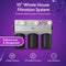 A graphic of the 3-Stage Whole House Filtration System - 10" Iron & Manganese by Brio on a purple background, highlighting iron and manganese removal, sediment filter, 720 GPH flow rate, and easy installation.