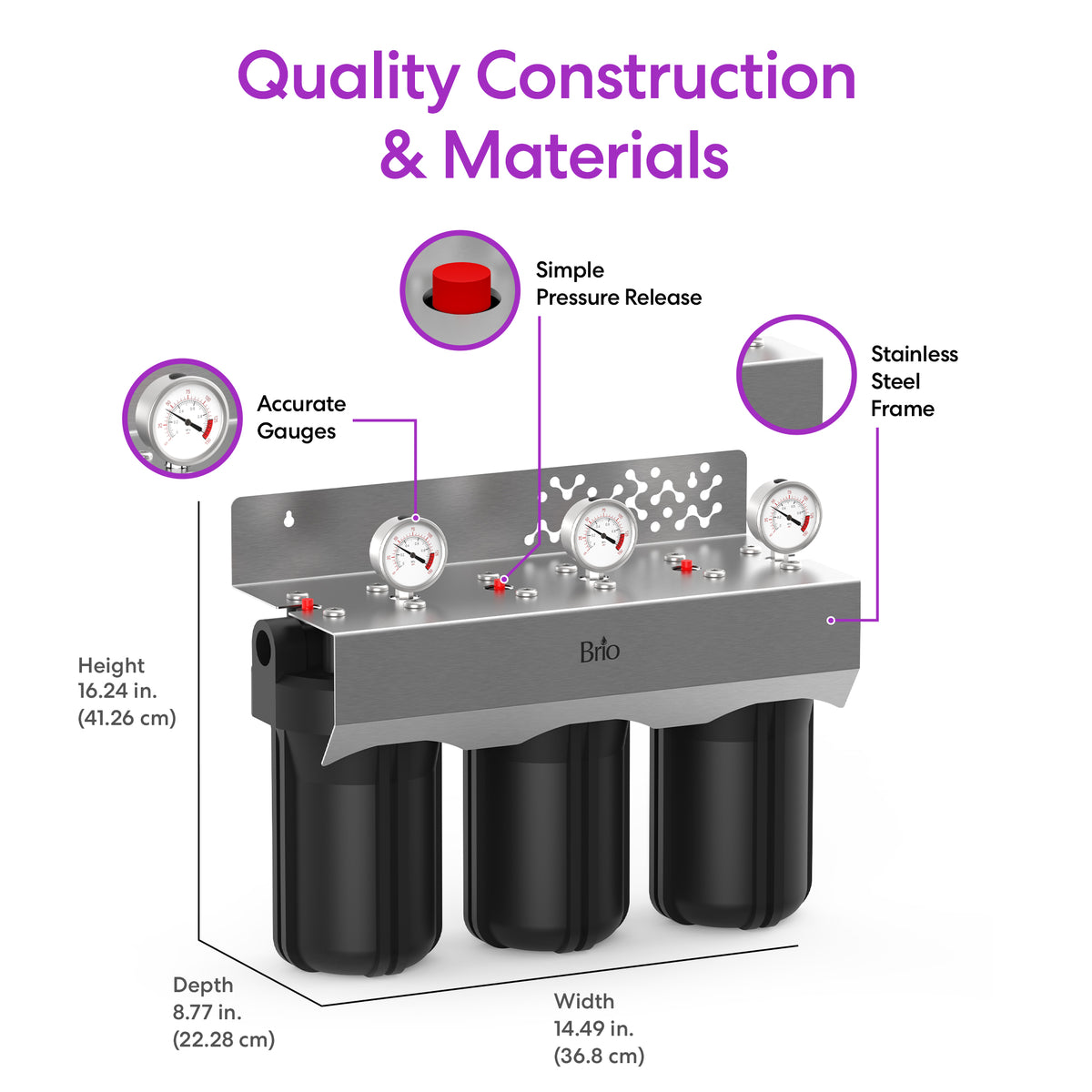 The 3-Stage Whole House Filtration System - 10" Iron & Manganese features black housings, stainless steel frame, pressure gauges, red pressure release button, and sediment filter. Size: 16.24"H x 14.49"W x 8.77"D. Removes iron and manganese effectively.