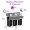 The 3-Stage Whole House Filtration System - 10" Iron & Manganese features black housings, stainless steel frame, pressure gauges, red pressure release button, and sediment filter. Size: 16.24"H x 14.49"W x 8.77"D. Removes iron and manganese effectively.