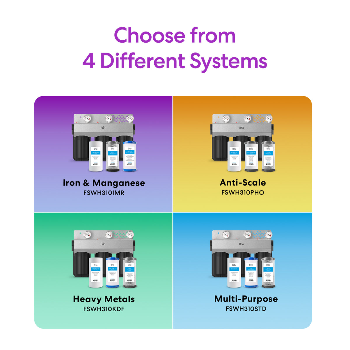 Choose from 4 whole house filtration systems, including the 3-Stage Whole House Filtration System - 10" Iron & Manganese, Anti-Scale, Heavy Metals, or Multi-Purpose—each in a colorful box for specific water needs.